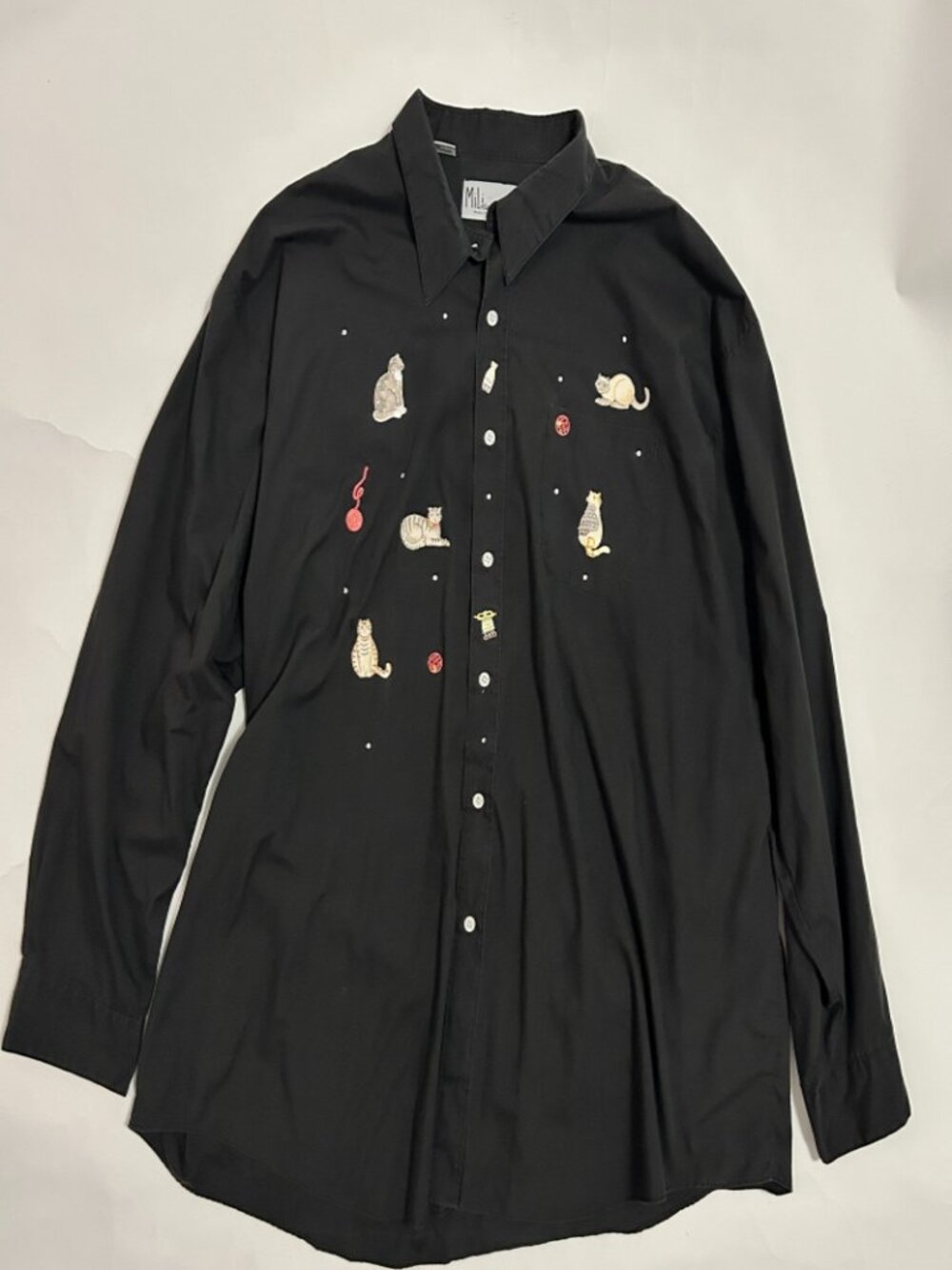 Mili Designs Womens 3X Vintage Korean Embroidered Cats Black Button Down Shirt